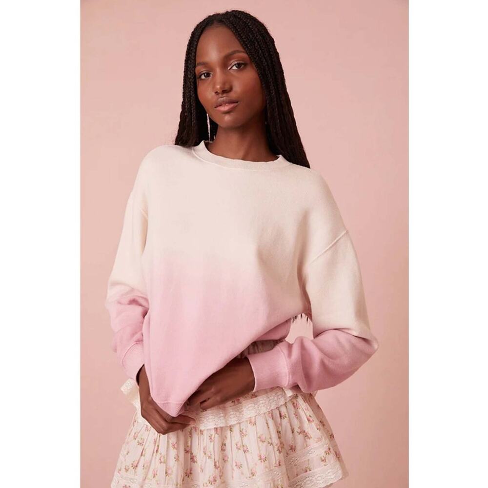 LoveShackFancy Elvira Dip Dyed Embroidered Sweatshirt Strawberry Sorbet Pink M